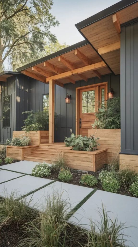 Modern black house exterior with natural wood front porch