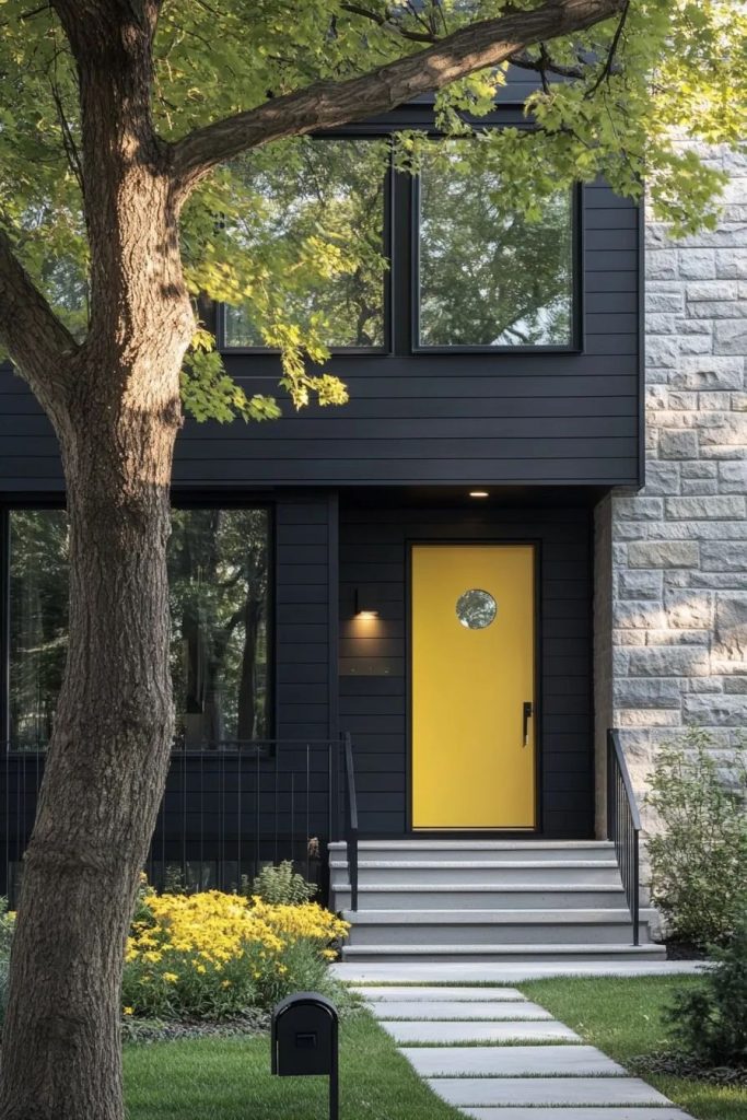 Modern black home exterior with bright yellow front door