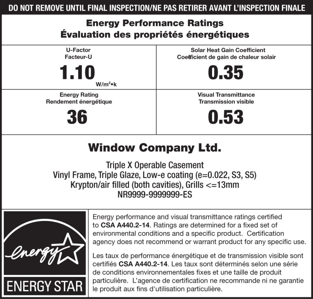 ENERGY STAR Canada window label showing U-factor and ratings
